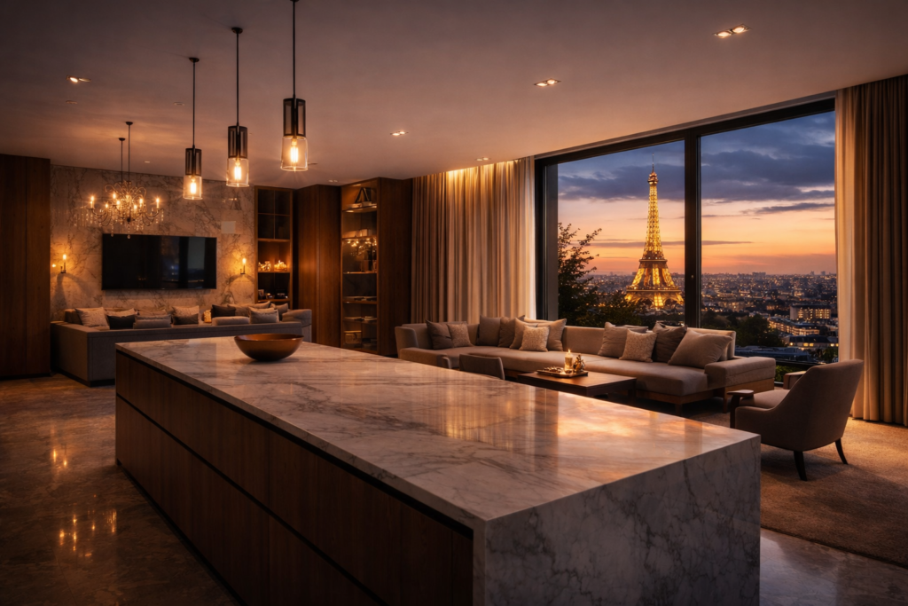 Rénovation intérieure haut de gamme avec vue sur Paris et la Tour Eiffel réalisée par SERBANET