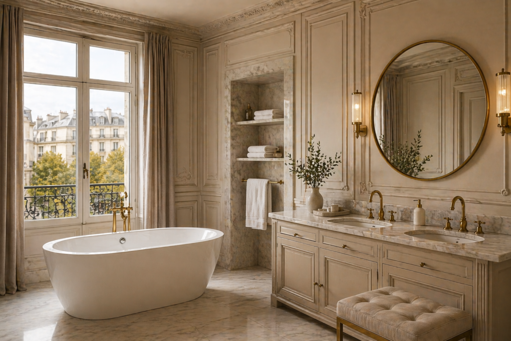 Salle de bain rénovée avec matériaux premium et finitions soignées par SERBA'NET