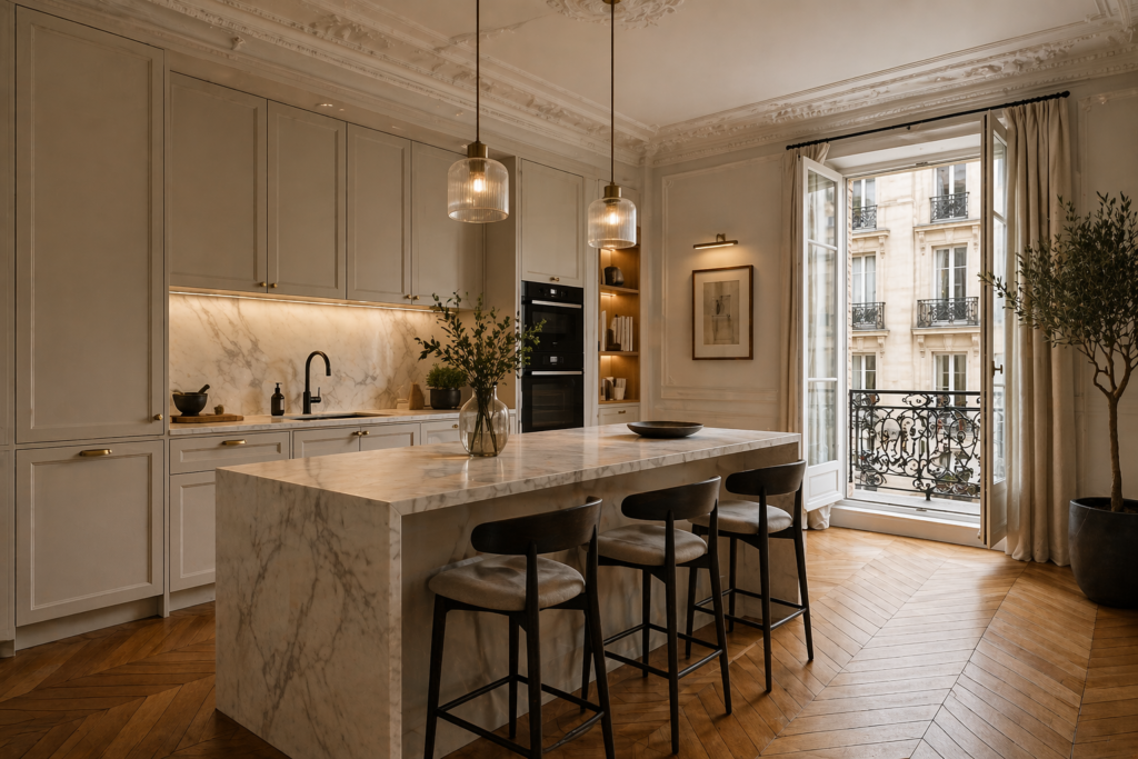 Cuisine rénovée avec aménagement sur mesure et finitions premium à Saint Germain el Laye