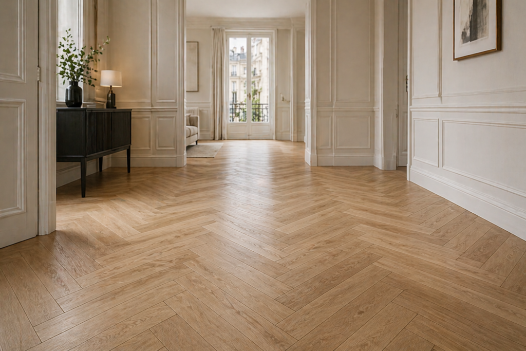 Parquet et revêtement de sol haut de gamme posés avec finitions soignées