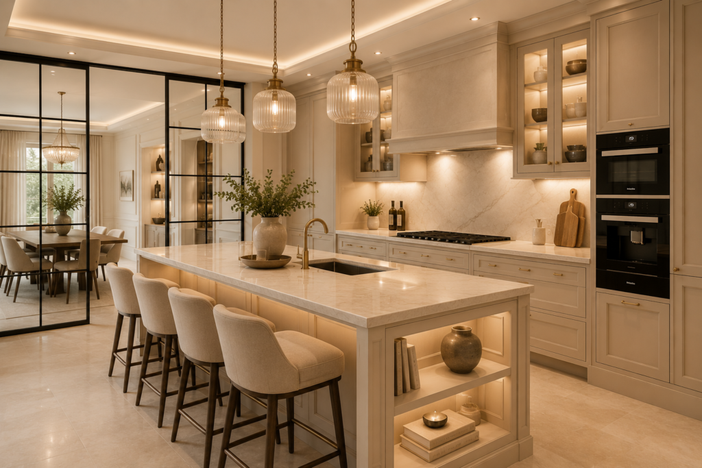 Cuisine haut de gamme rénovée à Saint Germain en Laye avec îlot central en marbre, mobilier beige sur mesure, verrière intérieure, luminaires premium et finitions élégantes par SERBA’NET