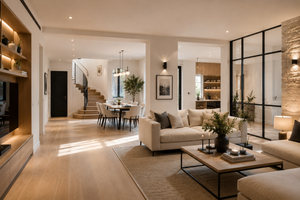 Salon et espace de vie rénovés dans une maison contemporaine à Saint Germain en Laye avec rénovation intérieure haut de gamme, parquet bois, verrière et finitions premium par SERBA’NET