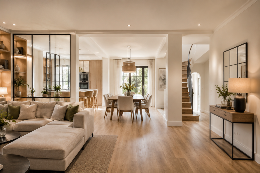 Réaménagement des espaces de vie dans une maison rénovée à Saint germain en Laye avec cuisine ouverte, séjour lumineux, verrière et rénovation intérieure par SERBA'NET
