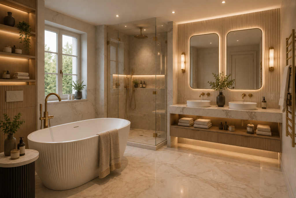 Salle de bain haut de gamme rénovée à Saint Germain en Laye avec baignoire îlot, douche à l’italienne, double vasque, marbre beige, robinetterie dorée et finitions premium par SERBA’NET