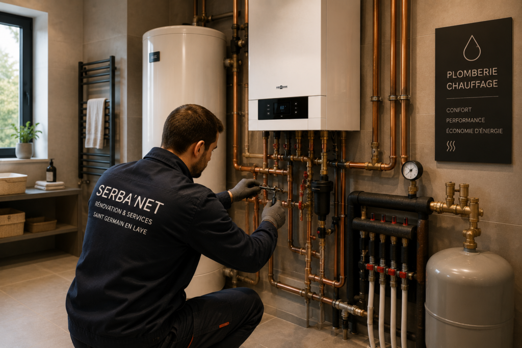 Installation de plomberie et chauffage dans une maison rénovée à Saint Germain en Laye avec chaudière, réseau cuivre, ballon d’eau chaude et travaux tous corps d’état par SERBA’NET