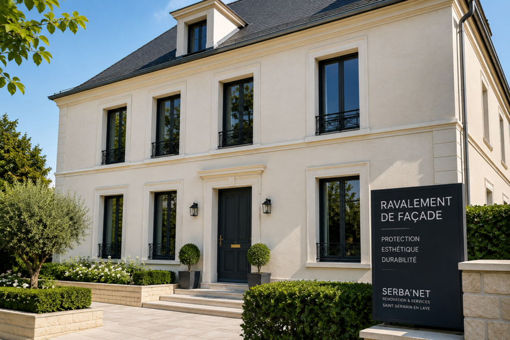 Ravalement de façade d’une maison à Saint Germain en Laye avec enduit clair, menuiseries noires, finitions extérieures soignées et rénovation haut de gamme par SERBA’NET