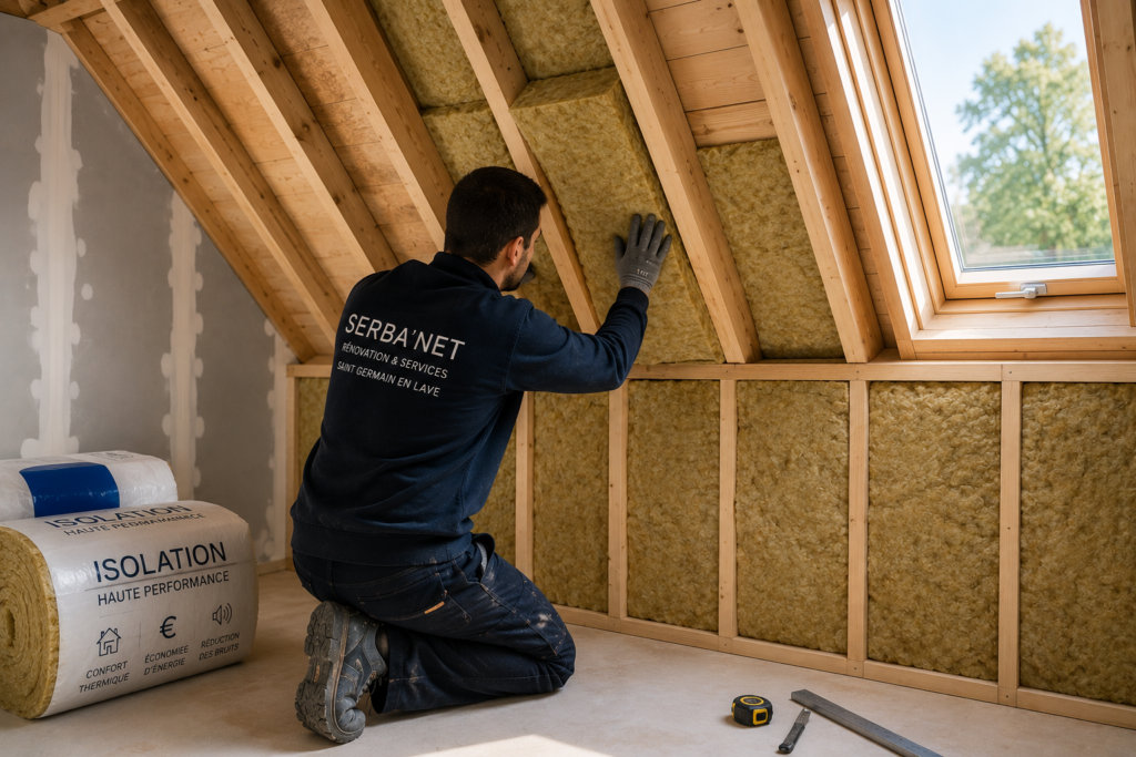 Travaux d’isolation thermique dans une maison à Saint Germain en Laye avec pose d’isolant en combles, amélioration du confort, économies d’énergie et rénovation haut de gamme par SERBA’NET
