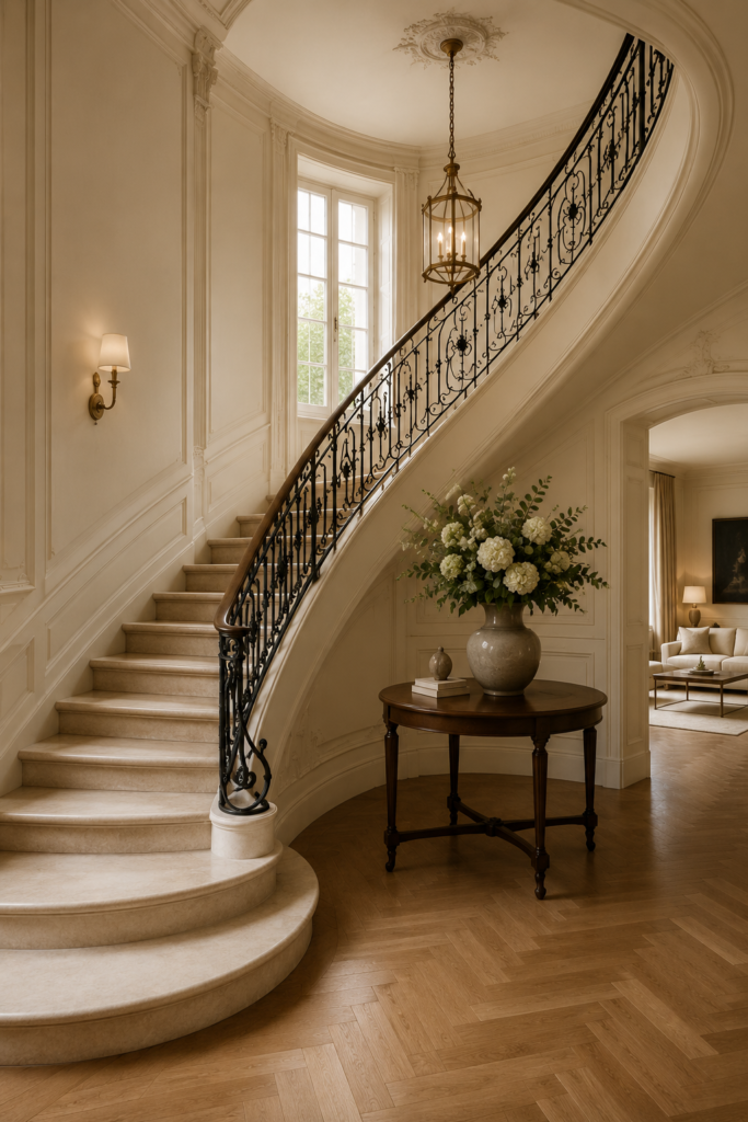 Escalier intérieur de maison rénovée à Saint Germain en Laye avec ferronnerie élégante, moulures anciennes, parquet bois et rénovation haut de gamme réalisée par SERBA’NET