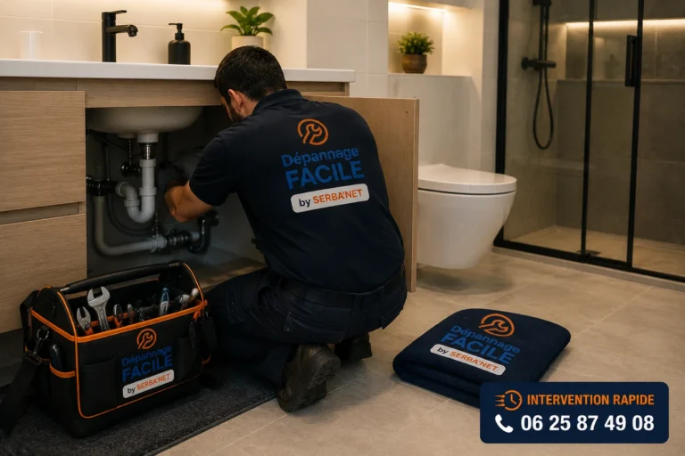 Technicien Dépannage Facile by SERBA'NET réalisant une intervention de plomberie dans une salle de bain à Suresnes.