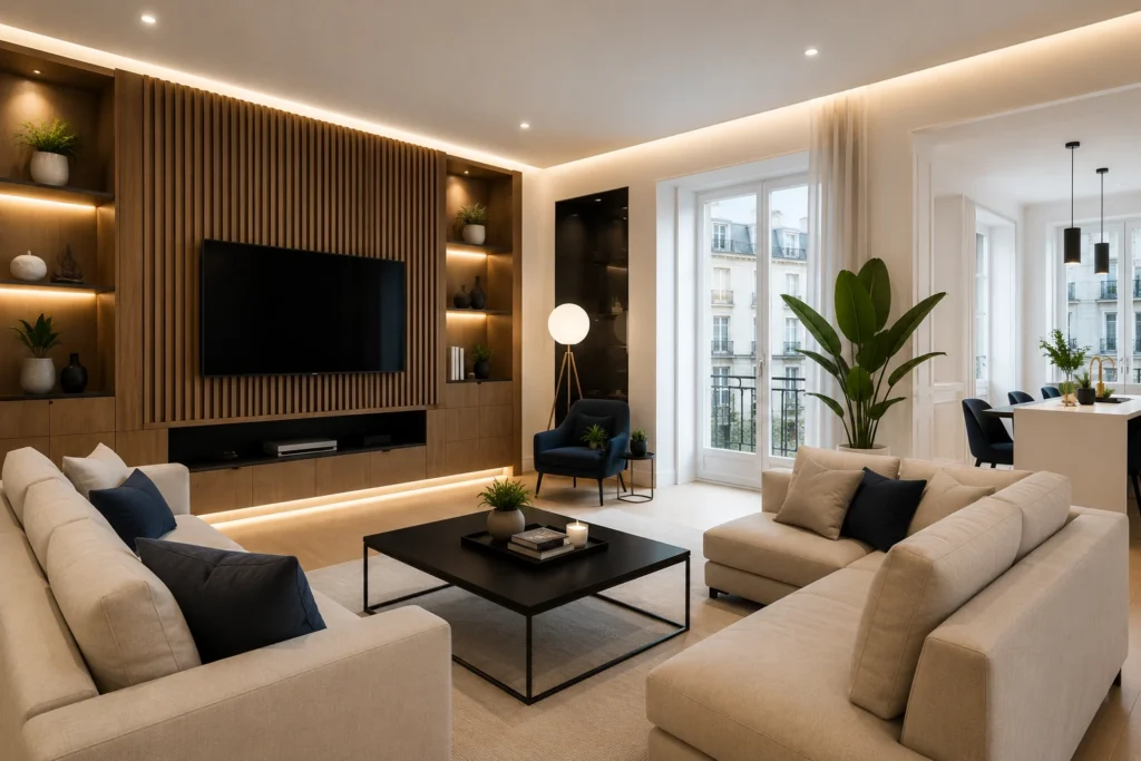 Salon d'un appartement rénové à Suresnes par SERBA'NET avec cuisine ouverte, parquet en bois et finitions haut de gamme