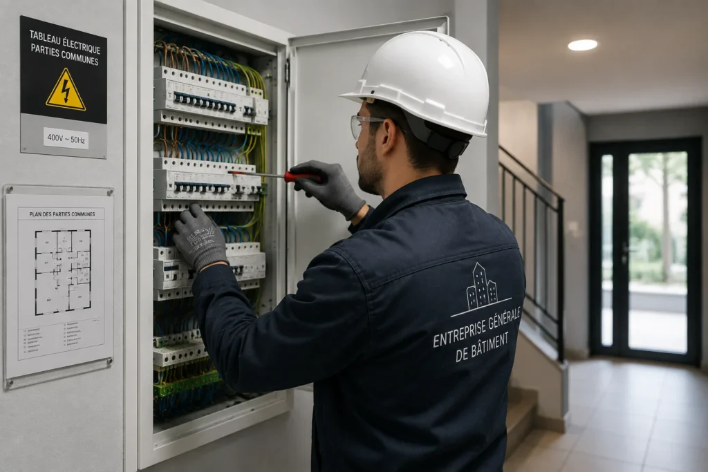 Électricien intervenant sur un tableau électrique des parties communes d’une copropriété