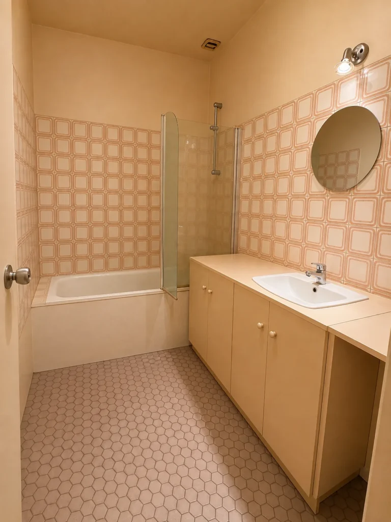 Rénovation complète de salle de bain avec douche, meuble vasque suspendu et carrelage – SERBA’NET