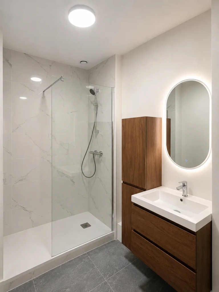 Rénovation complète de salle de bain avec douche, meuble vasque suspendu et carrelage – SERBA’NET