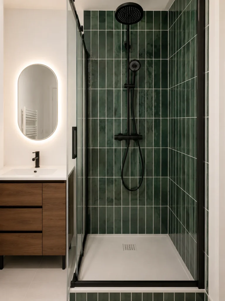 Rénovation de salle de bain avec douche, faïence verte et robinetterie noire réalisée par SERBA’NET