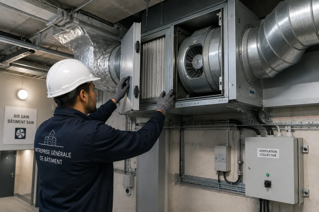 Technicien intervenant sur un système de VMC et ventilation collective en copropriété