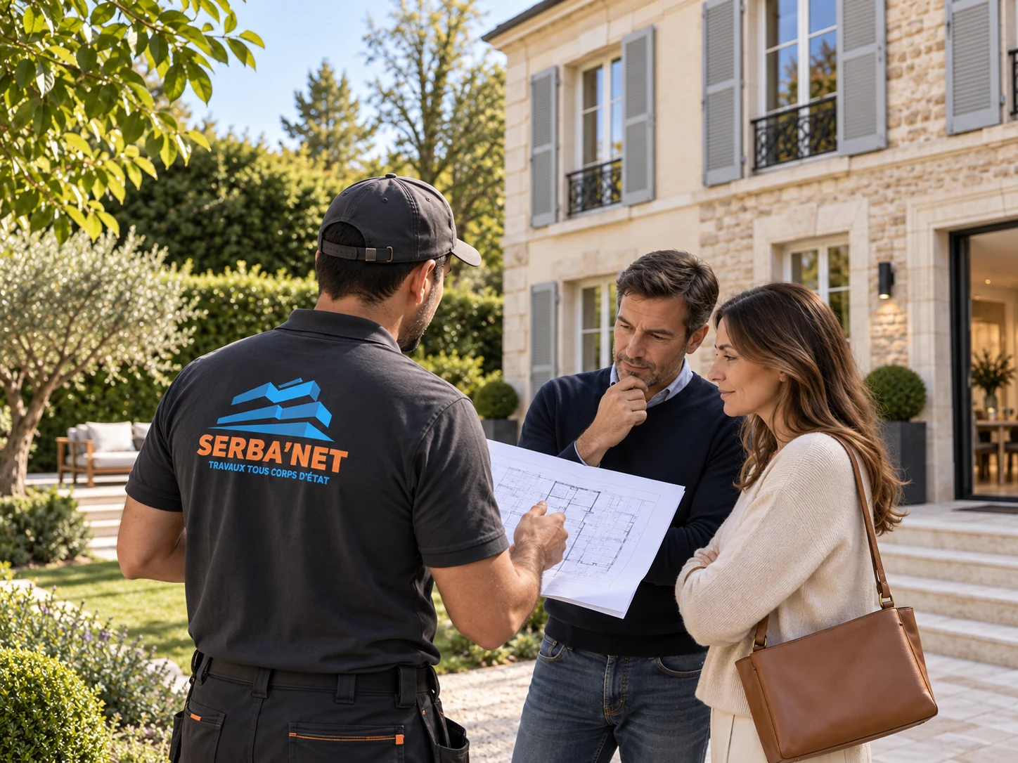 Conseiller SERBA’NET présentant un projet de rénovation de maison à des propriétaires à Saint-Germain-en-Laye