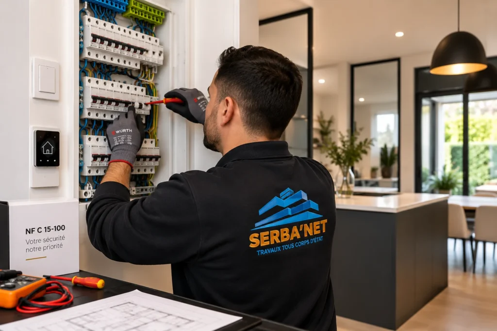 Électricien SERBA’NET réalisant une mise aux normes électriques dans une maison à Saint-Germain-en-Laye