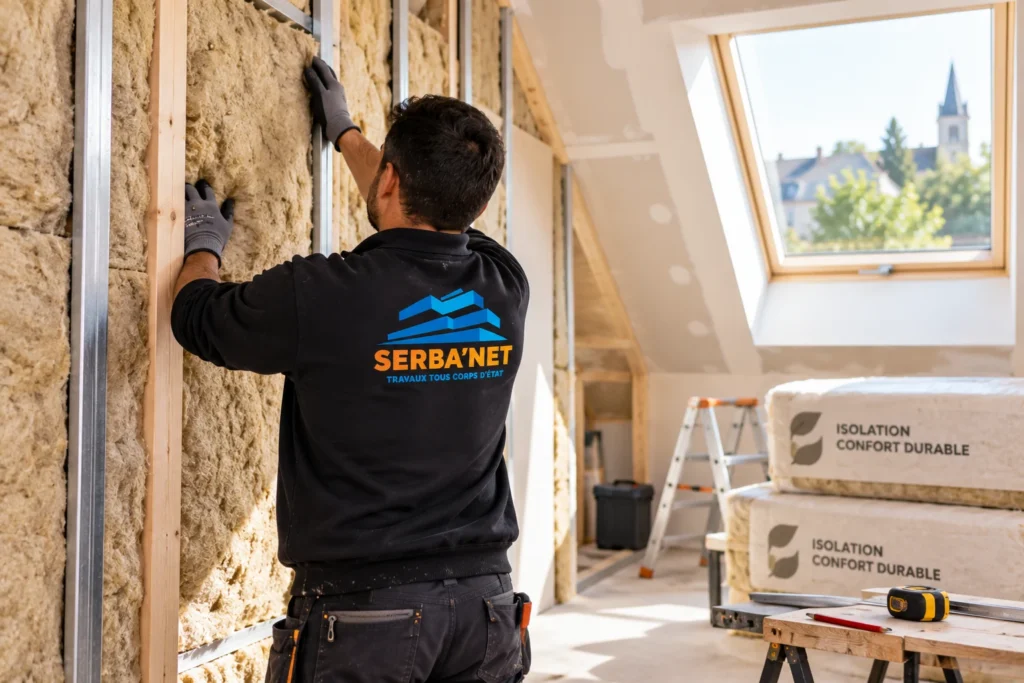 Technicien SERBA’NET réalisant des travaux d’isolation intérieure dans une maison à Saint-Germain-en-Laye