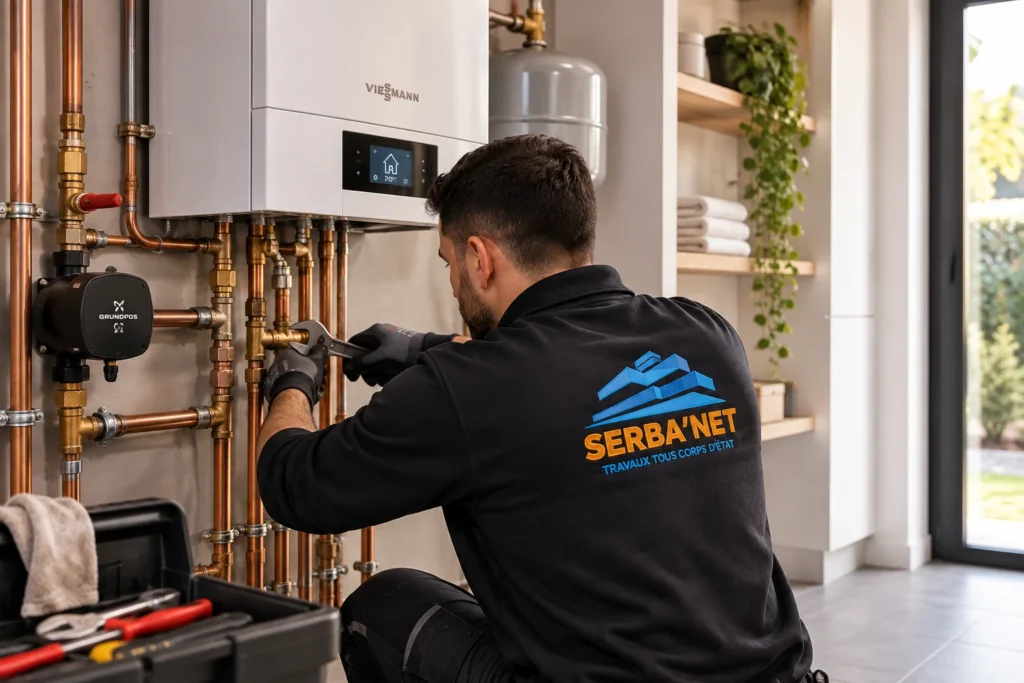 Technicien SERBA’NET intervenant sur une installation de plomberie et chauffage dans une maison à Saint-Germain-en-Laye
