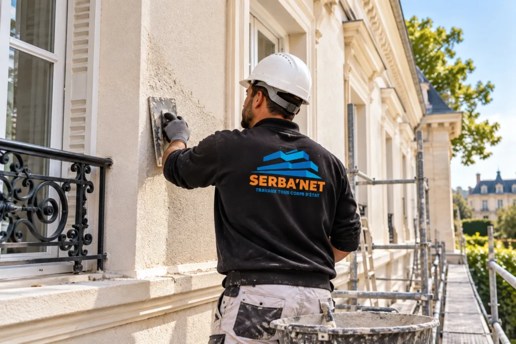 Façadier SERBA’NET réalisant un ravalement de façade sur une maison à Saint-Germain-en-Laye