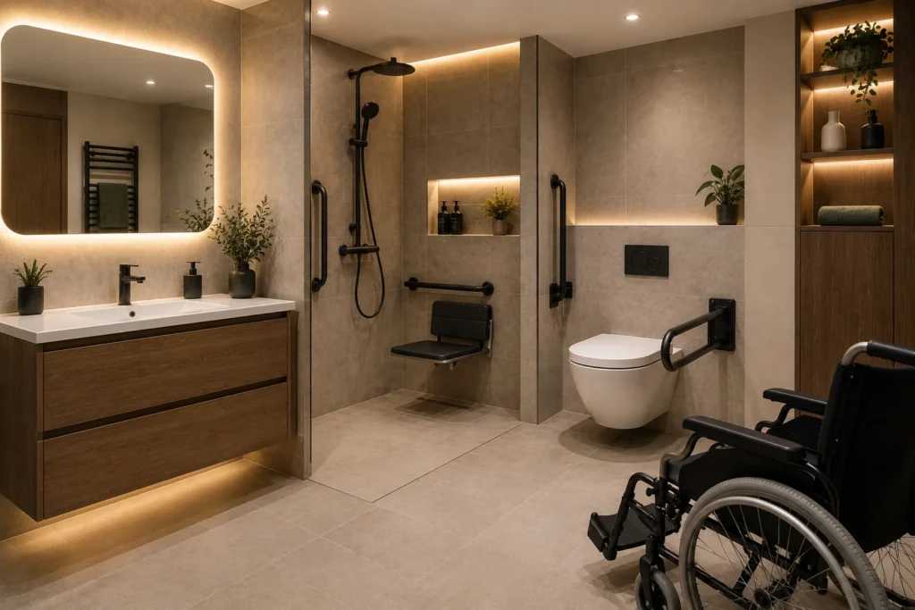 Salle de bain PMR accessible avec douche à l’italienne à Saint-Germain-en-Laye – SERBA’NET
